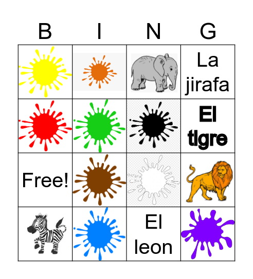 Animales Salvajes y colores Bingo Card