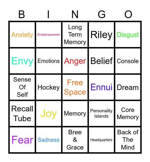 Inside Out 2 Bingo Card