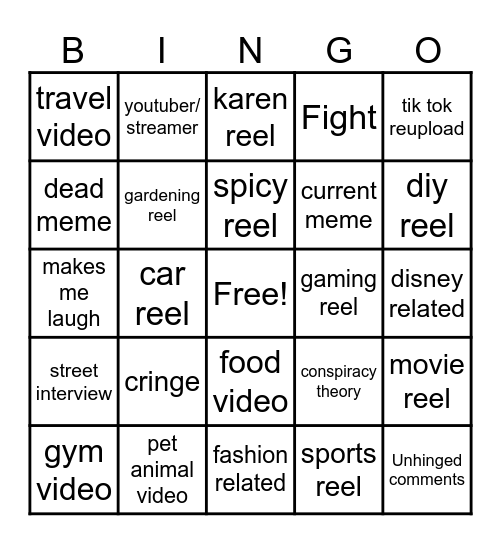 Instagram reel bingo Card