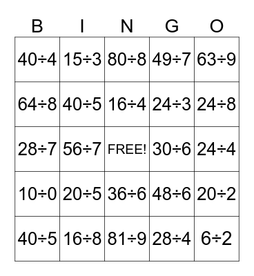 Division Bingo Card