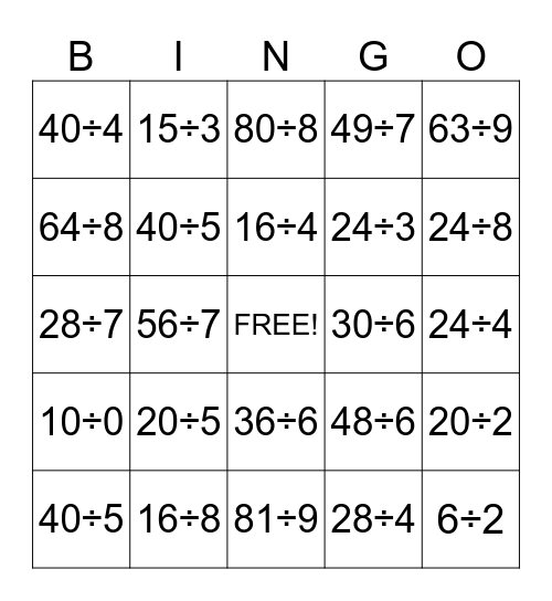 Division Bingo Card