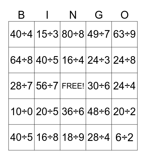 Division Bingo Card