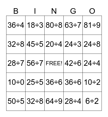 Division Bingo Card