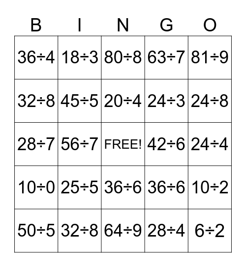 Division Bingo Card