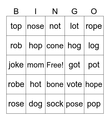 Short and Long O Bingo Card