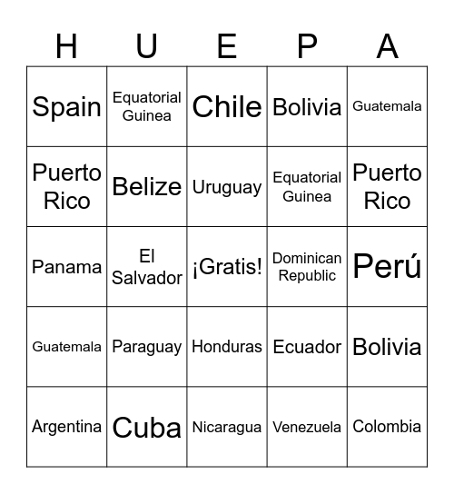 Spanish Speaking Countries Bingo Card
