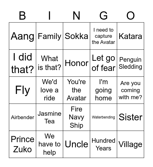 Avatar: The Last Airbender Bingo Card