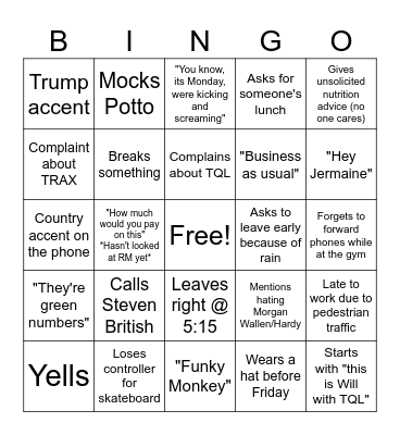 Will Craig Bingo Card