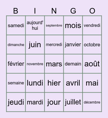 Quelle est la date? Bingo Card