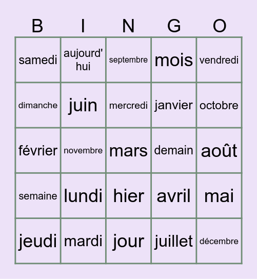 Quelle est la date? Bingo Card