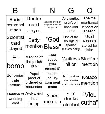 Winkler Wedding Bingo 2016 Bingo Card