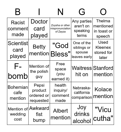 Winkler Wedding Bingo 2016 Bingo Card