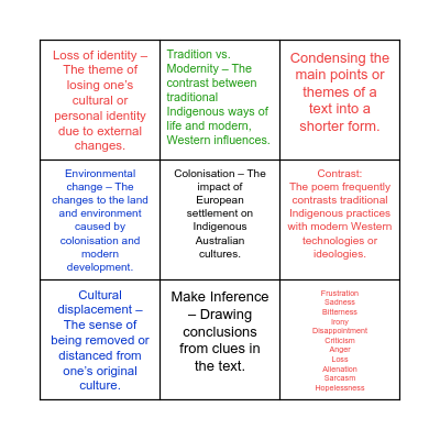 THEMES & DEFINITIONS & FEELINGS Bingo Card