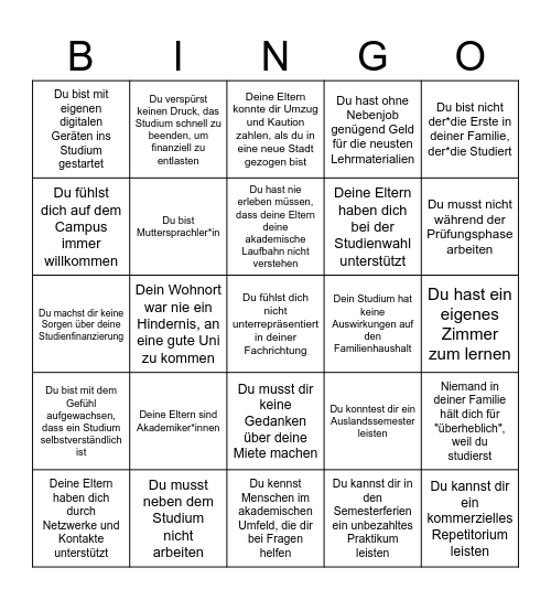 Check your privilege Bingo: Uni-Edition Bingo Card