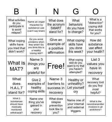 RECOVERY FROM ADDICTION Bingo Card