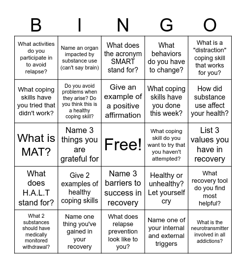 RECOVERY FROM ADDICTION Bingo Card