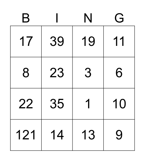 WEF Bingo Anglez Tiny Version Bingo Card