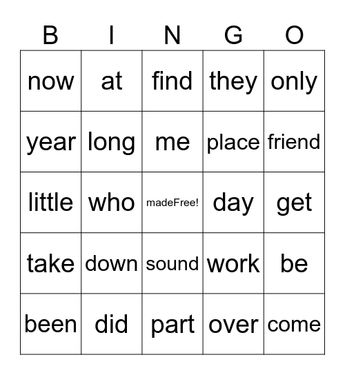 MOST COMMON WORDS LIST Bingo Card