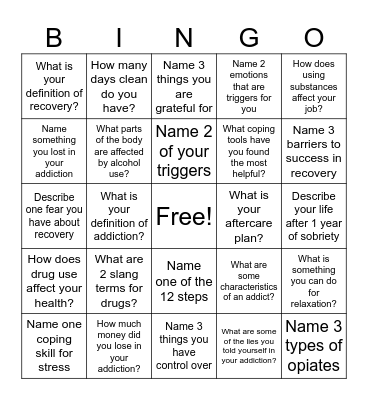 Recovery Bingo! Bingo Card