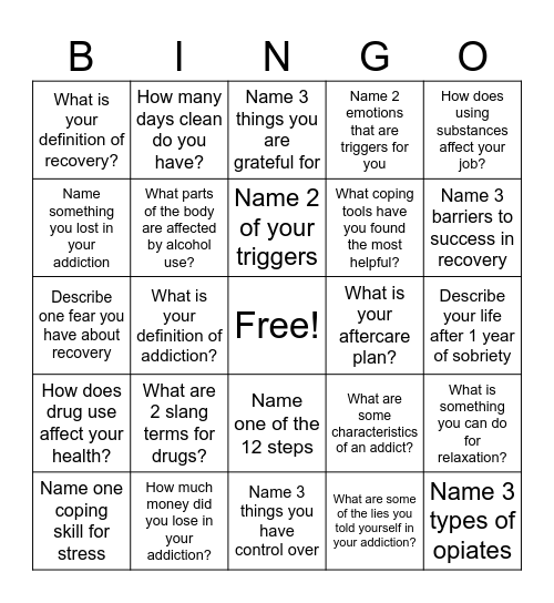 Recovery Bingo! Bingo Card