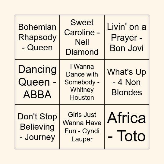 Karaoke Bingo Card