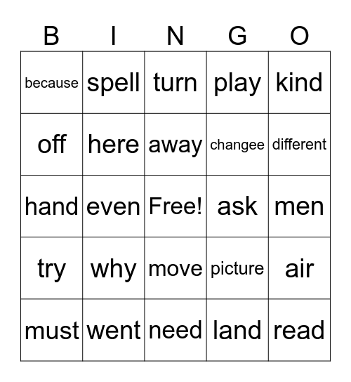 MOST COMMON WORDS LIST Bingo Card