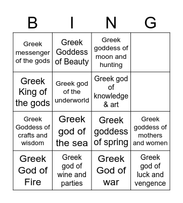 Y7 Greek Gods Bingo Card