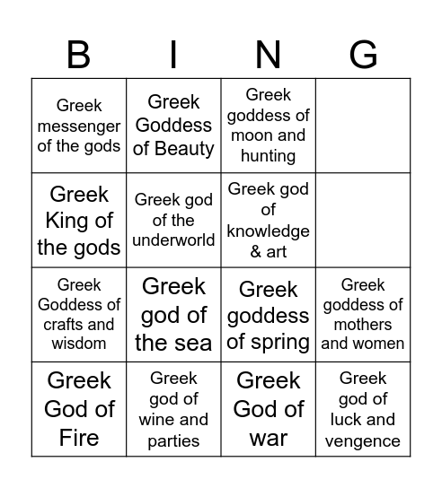 Y7 Greek Gods Bingo Card