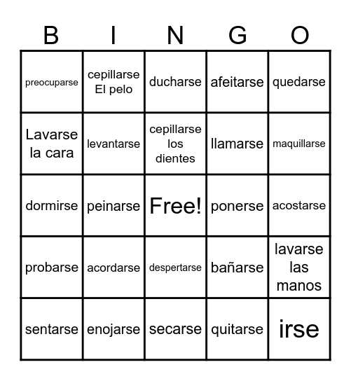 Los verbos reflexivos Bingo Card