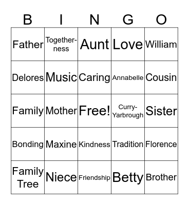 Curry-Yarbrough 2016 Family Reunion Bingo Card