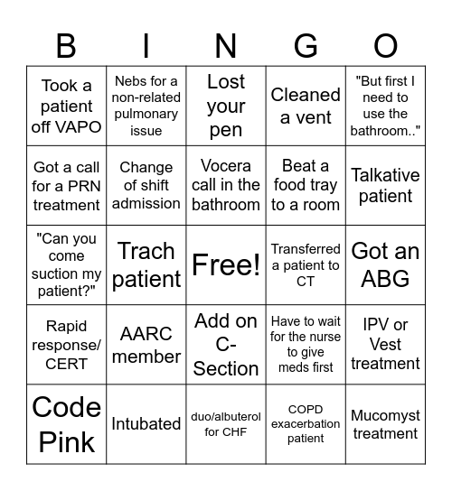 Respiratory Care Week Bingo Card