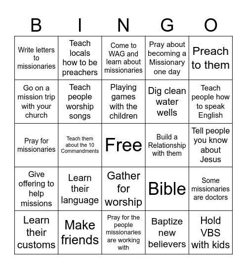 Bethel Baptist Church VBS 2017 Bingo Card