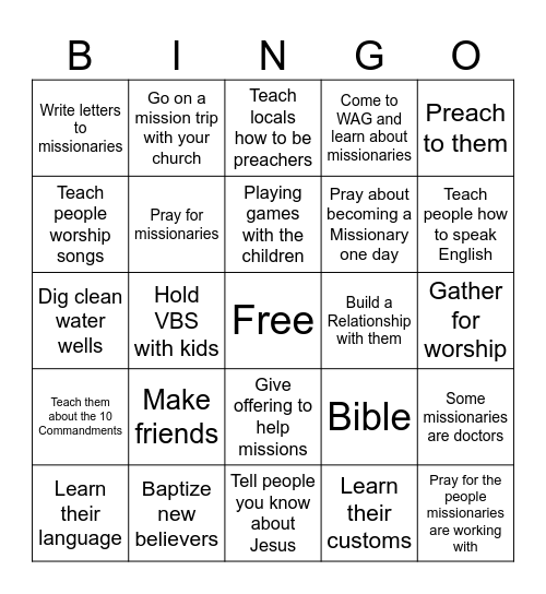 Bethel Baptist Church VBS 2017 Bingo Card