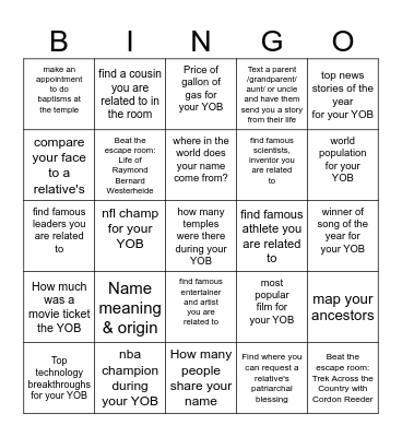 Family History Fun Bingo Card