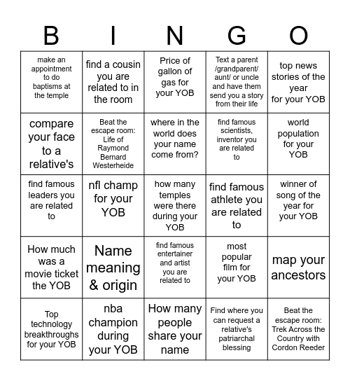 Family History Fun Bingo Card