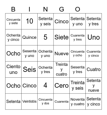 Spanish Number Words Bingo Card
