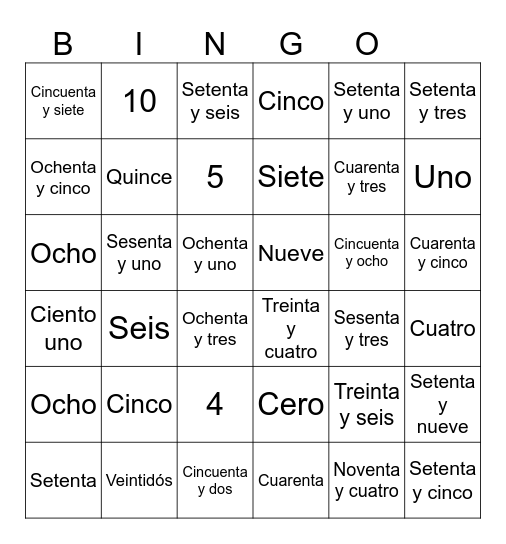 Spanish Number Words Bingo Card