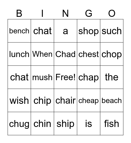CH Digraph Bingo Card