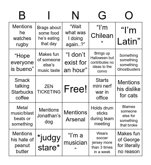 Rodrigo Bingo Card