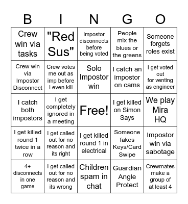 Among Us Public Lobby Bingo Card