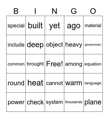 Fry Words Bingo Card