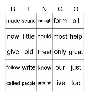 Fry Words Bingo Card