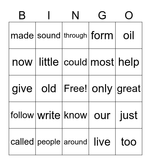 Fry Words Bingo Card
