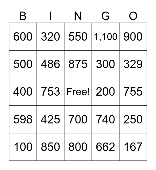 Mental Math Bingo Card