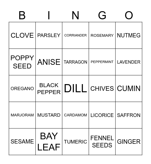 SPICES Bingo Card