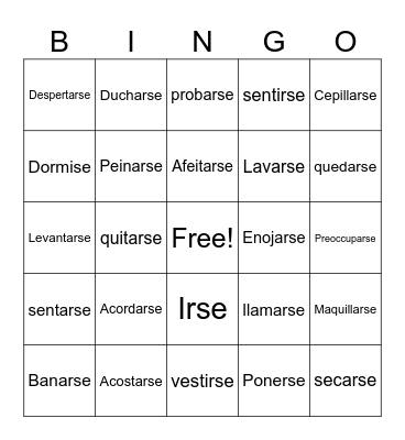 Reflexive Verbs Bingo Card