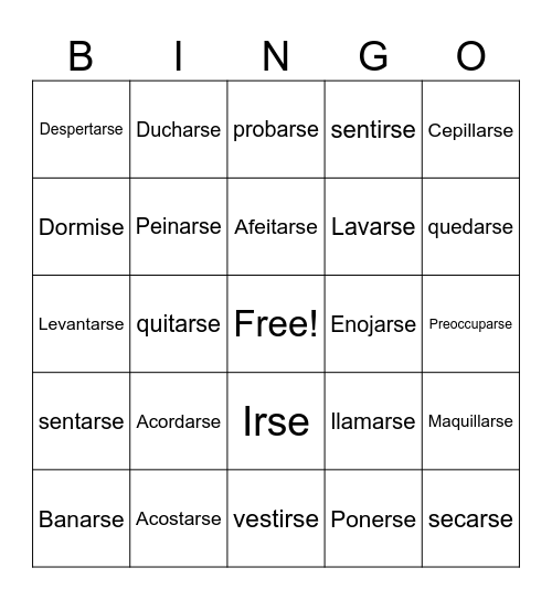Reflexive Verbs Bingo Card