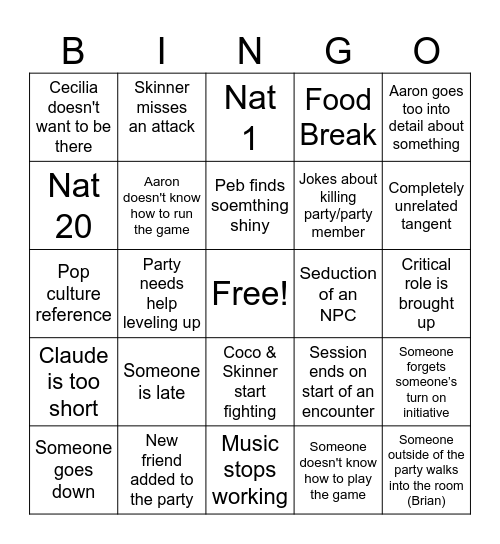 DnD Bingo Card