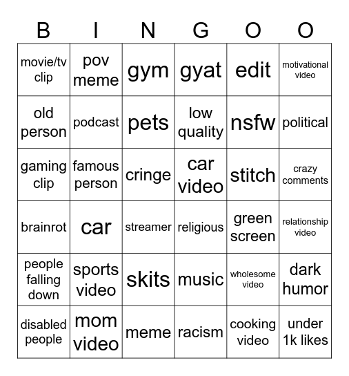 instagram reels Bingo Card