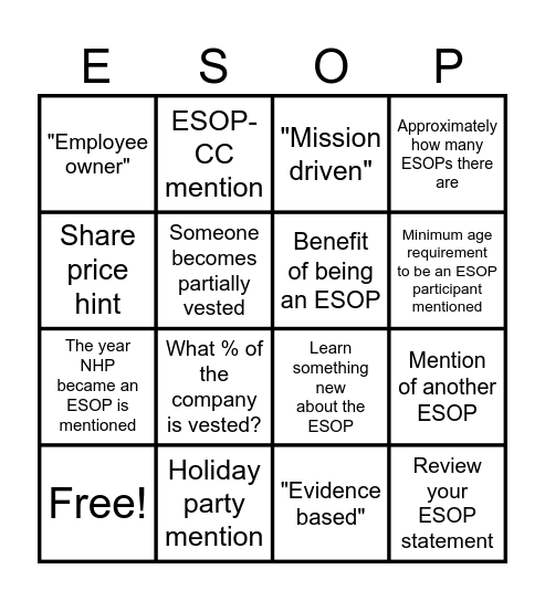 NHP Shareholder's Meeting Bingo Card